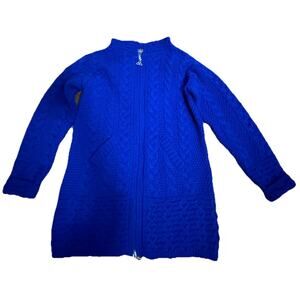 INIS CRAFTS Women’s Navy Merino Wool Zip Up Cable Knit Cardigan Sweater Small